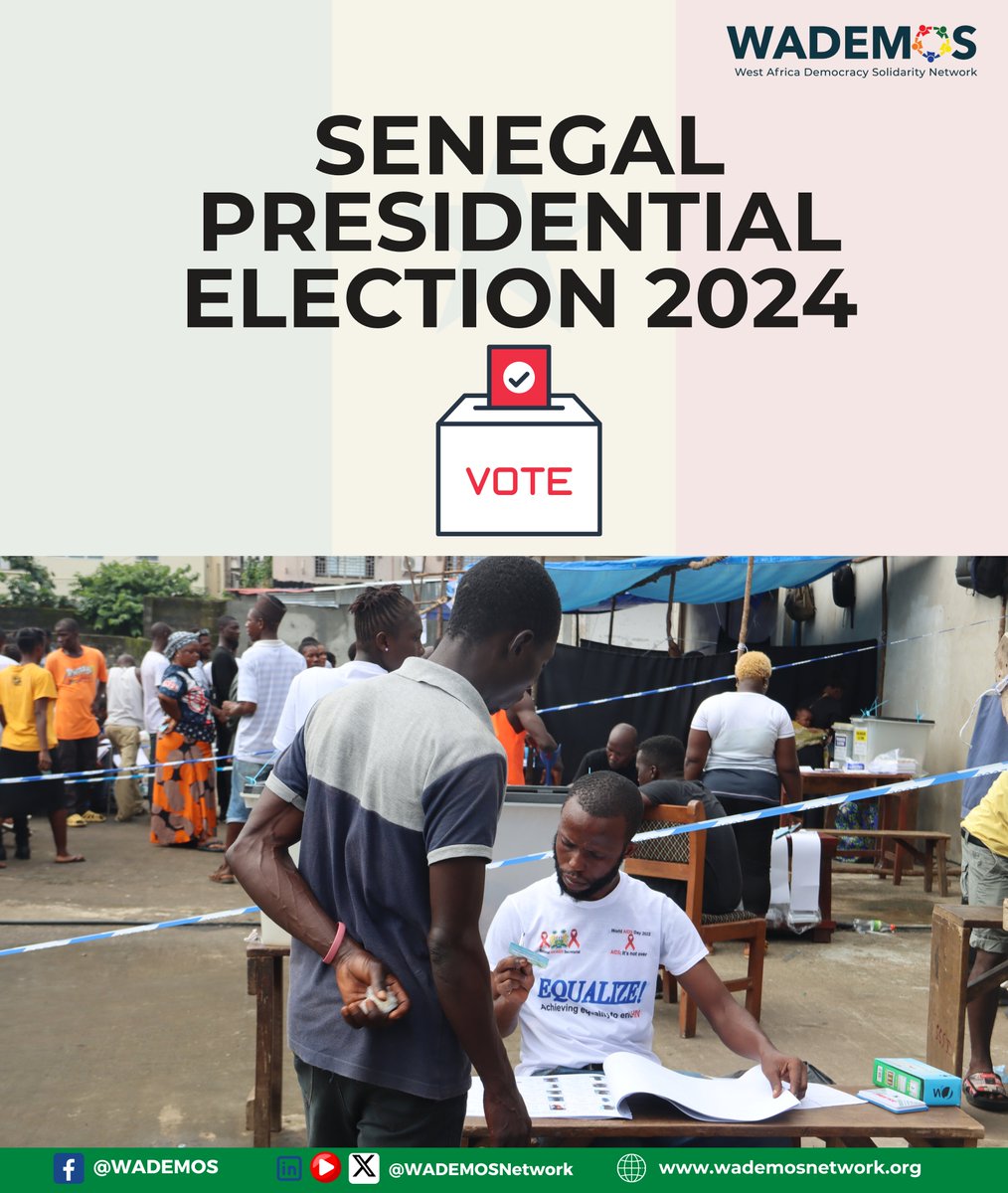 Voting matters as it determines the future of a country. @WADEMOSnetwork entreats all eligible voters in Senegal to exercise their civic mandate responsibly as the country elects a new President. We wish you an incident-free poll today. #SenegalVote #SunuElection2024