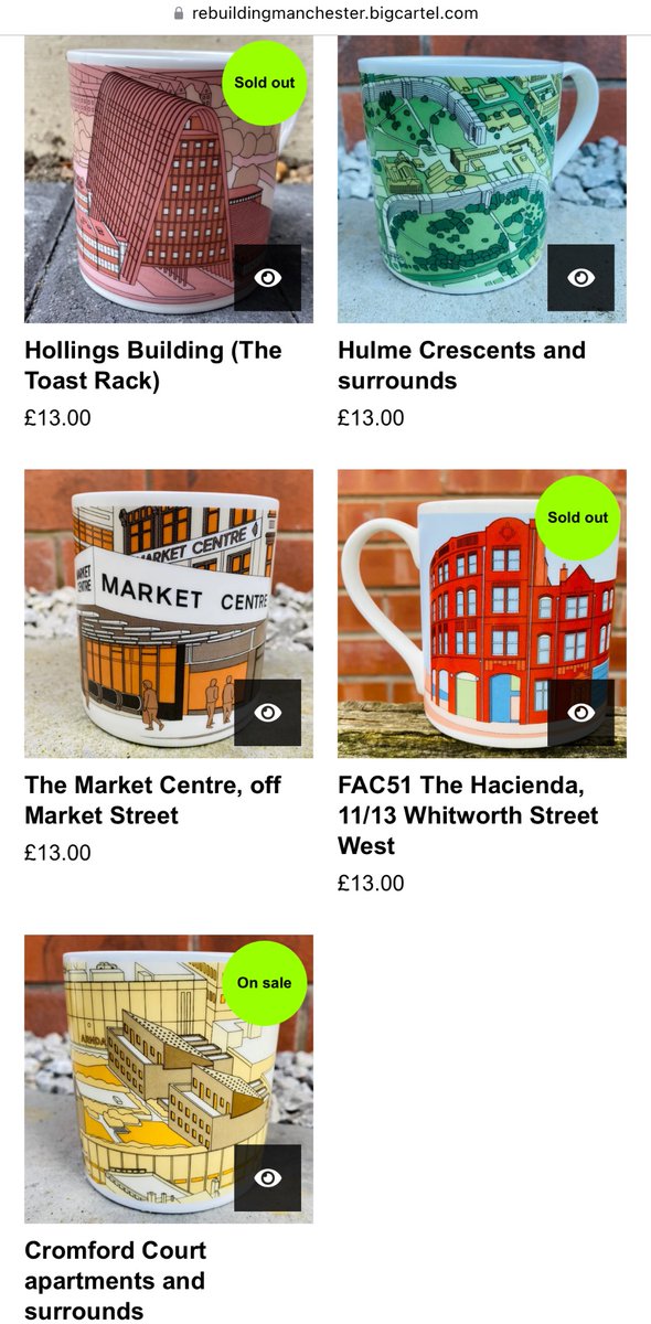 Now just 4 Hulme Crescents mugs left along with 1 Market Centre and 3 reduced Cromford Court mugs - get them while you can! rebuildingmanchester.bigcartel.com
