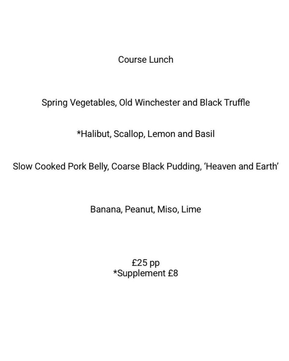 our next menu.

only runs from 5th april to 4th may.

get in quick for ruari's famous slow cooked pork belly.

coarse.restaurant/reserve