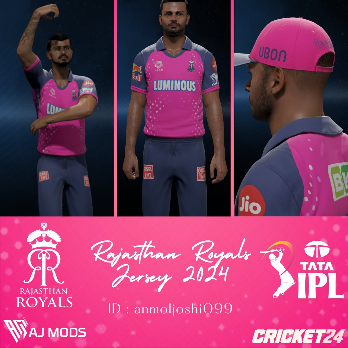 AJMods99's tweet photo. Introducing the all-new Rajasthan Royals jersey for Cricket 24! ๐ Get ready to stand out on the field with this vibrant pink design. Download it now from my ID "anmoljoshi099" in the game and let's rock the field in style! ๐ฅ
#Cricket24 #AJMods #IPL2024 #RajasthanRoyals #RRvsLSG https://t.co/uJiR9ecm43