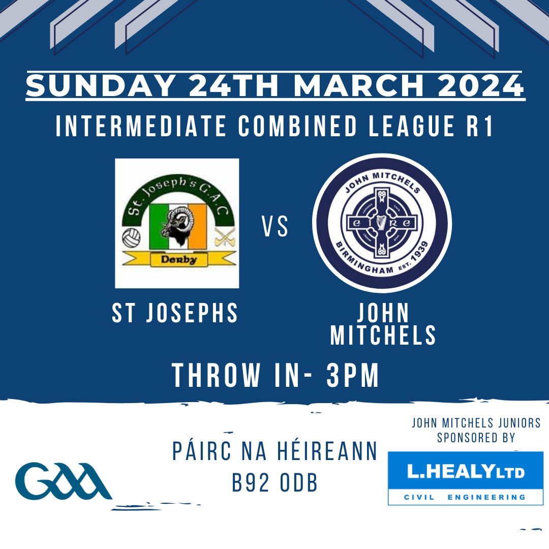 ⚪️🔵 Junior Fixture ⚪️🔵 The men’s junior team return to action today in R1 of the intermediate combined league. As they face off against @StJoesGACDerby Throw in 3 PM Páirc na hÉireann ⚪️🔵 get out and support the lads as they look to start the season off with a win! ⚪️🔵
