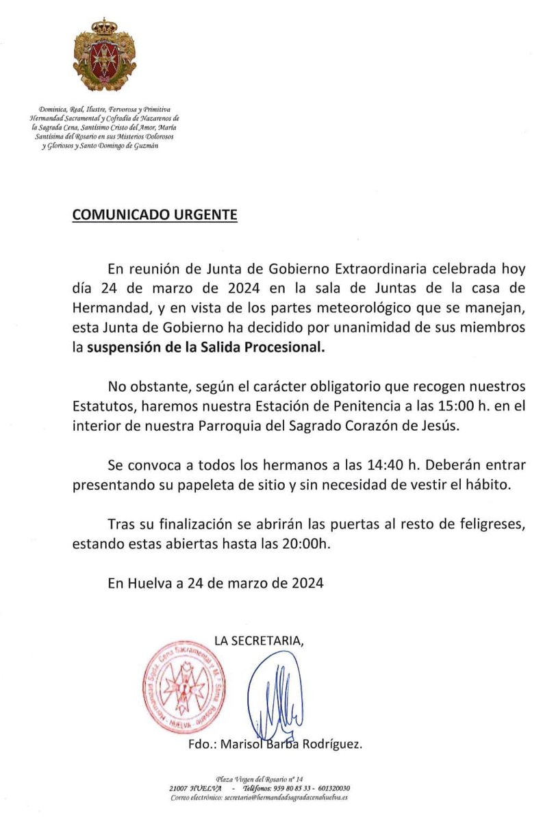 LA SAGRADA CENA SUSPENDE SU SALIDA PROCESIONAL

La primera cofradía en salir este Domingo de Ramos ha anunciado a sus hermanos la suspensión de su salida profesional por las calles de la ciudad.