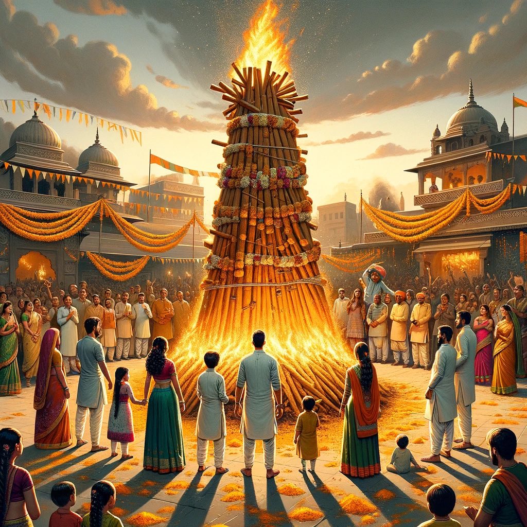 Holika Dahan 

Sitting around the bonfire

made up of cow dung, 

dry logs, spools of 

cotton threads, turmeric 

and Akshat rice, 

we listen to the story of 

Holika, the cold blooded 

ogress of an aunt, 

with absolutely no qualms 

in trying to burn her 

tiny nephew in the