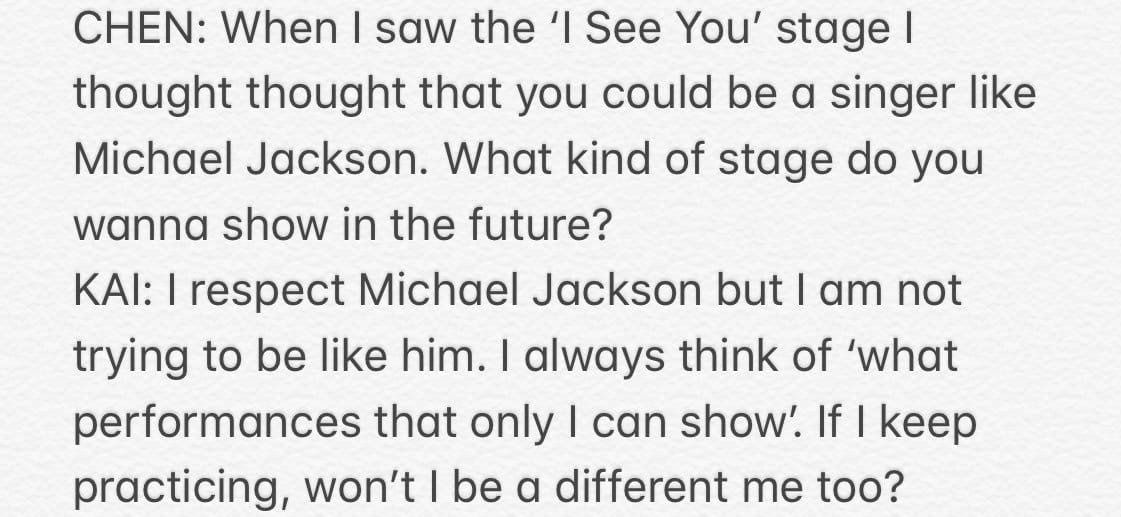 "I respect Michael Jackson but i am not trying to be like him. I always think of what performances that only i can show"

In a world where ppl try to be the next someone, Kai wants to make his own identity and style.

#KAI #엑소카이 #카이 
#カイ #金钟仁  <a href="/weareoneEXO/">EXO</a>