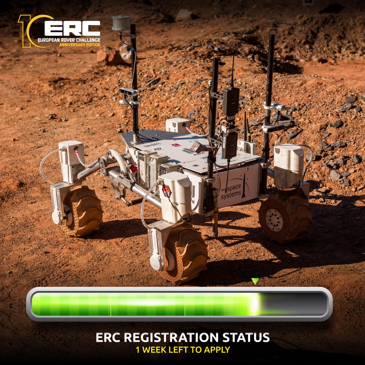 Attention⚠️ Only ONE WEEK LEFT to register for the #ERC2024. Don't wait too long and secure a spot on the 10th anniversary edition of the European Rover Challenge. Teams from all over the world are welcome 📣 In the picture: @AGHSpaceSystems of @AGH_Krakow (Poland)