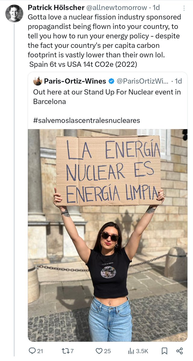 Someone should tell antinuclear (and therefore inadvertently pro-fossil) activist Patrick Hölscher what @ParisOrtizWines did for the US climate policy, before 'being flown' (🤦) to Spain.
x.com/parisortizwine…