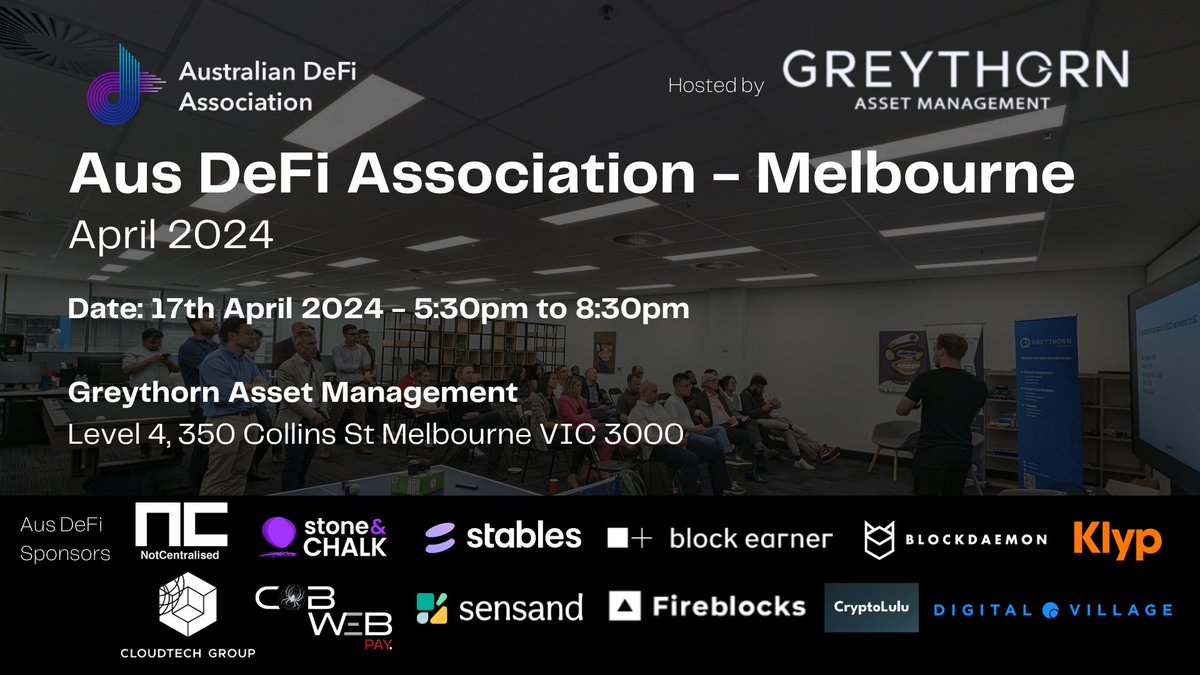 #Melbourne friends, we're back on the 17th April with our friends at @0xGreythorn - check it out meetup.com/aus-defi-assoc…