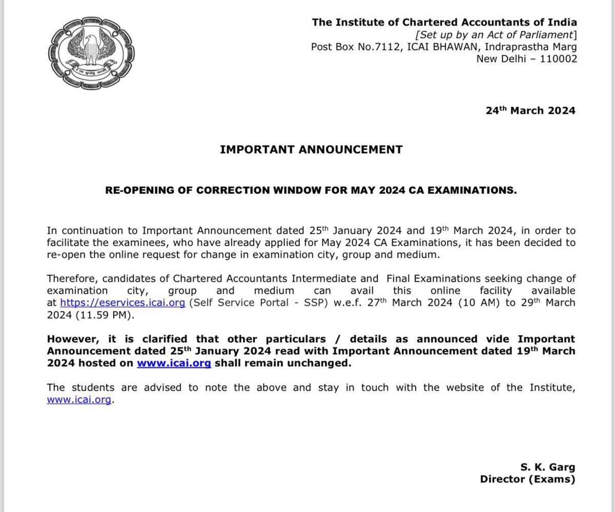 IMPORTANT ANNOUNCEMENT FOR CA STUDENTS appearing in May 2024 Exams

RE-OPENING OF CORRECTION WINDOW FOR MAY 2024 CA EXAMINATIONS.

#CA #castudents #caexam #icaiexam #icai #castudent #charteredaccountants #May2024 #Important #Announcement #ImportantAnnouncement #correction #window