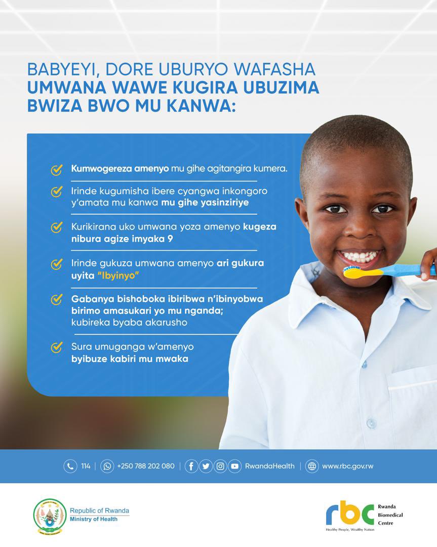 Babyeyi, mufite uruhare rukomeye mu gutuma abana banyu bagira ubuzima bwo mu kanwa bwiza. Dore inama z’ingenzi zo gukurikiza: #OralHealth