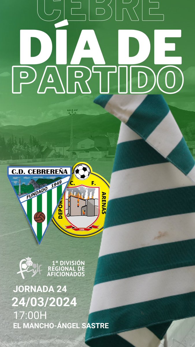 DÍA DE PARTIDO ❕

🆚 <a href="/DvoArenasCF/">Dvo. Arenas C.F.</a> 
⏰ 17:00h
🏠 El Mancho-Ángel Sastre

🫂 Día del Club 

#VamosCebre