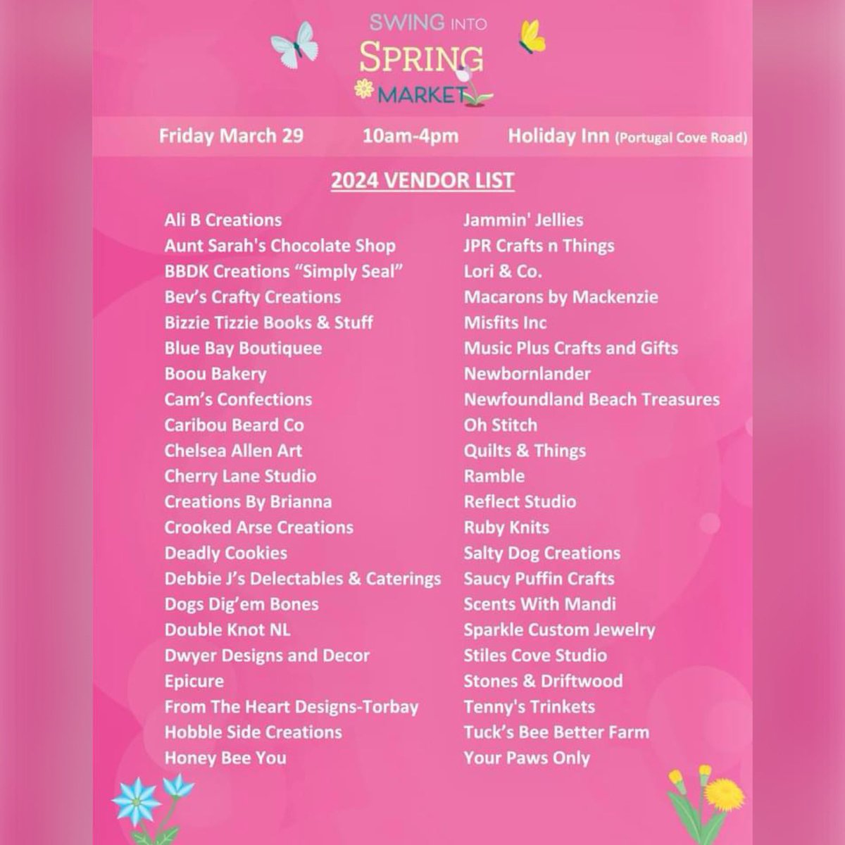 milestone_promo's tweet photo. Coming up on Friday is our first event of 2024- the Swing Into Spring Market at Holiday Inn on Portugal Cove Road! Great local vendors from all over Newfoundland - sweets & treats, decor, clothing, baby items & more! ! #yyt #shopyyt #shoplocalnl #lovelocalnl #swingintospringnl https://t.co/dDyyLS10l1