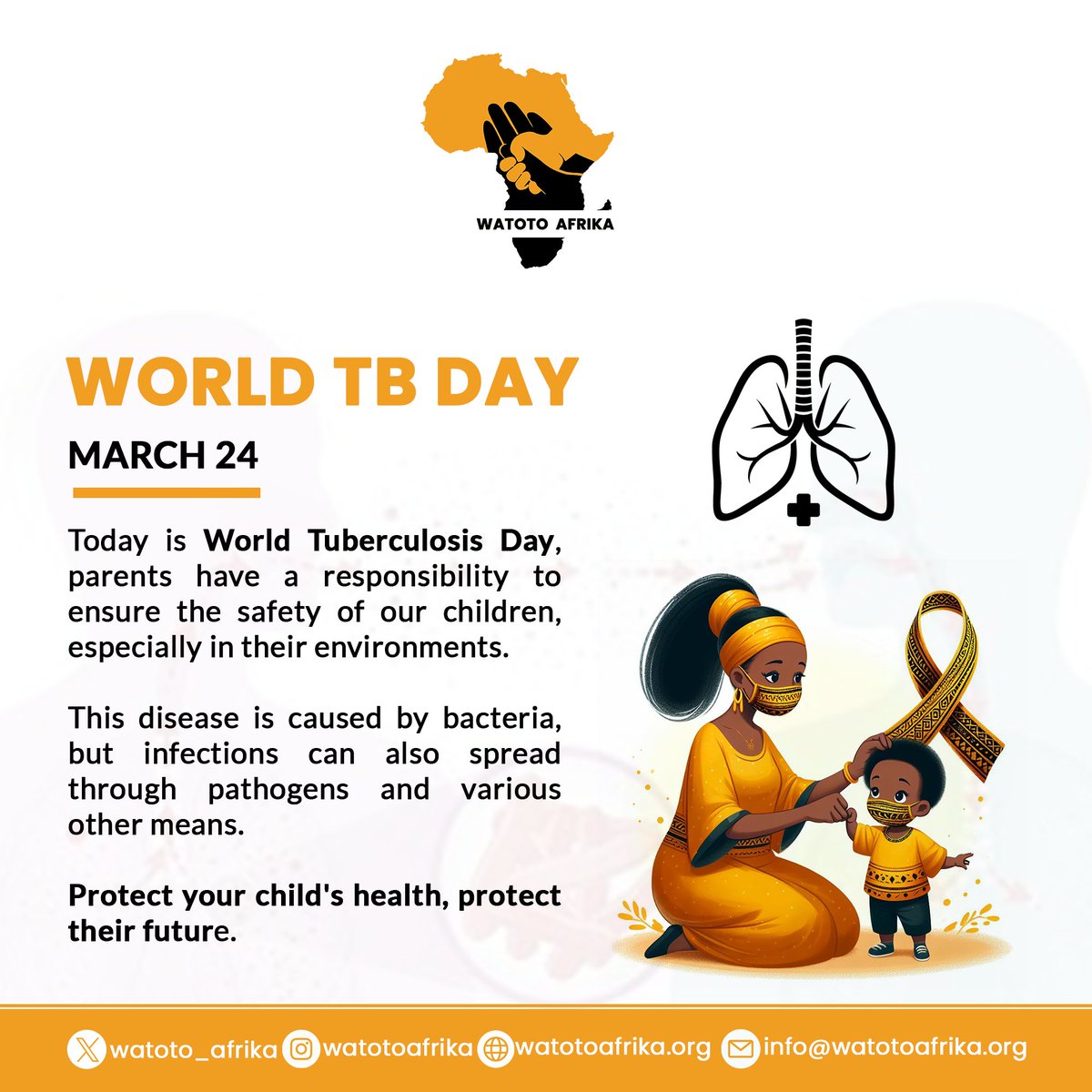 Today is World Tuberculosis Day

Parents have a responsibility to ensure the safety of their children, especially in their environments.  Protect your child's health, protect their future.

#WorldTBDay #WorldTBDay2024