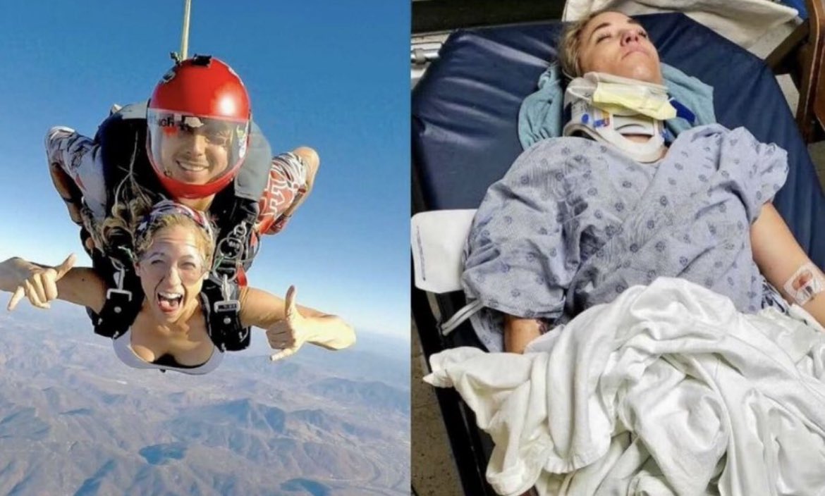In November 2021, Jordan Hatmaker, a woman from Virginia, miraculously survived a skydiving accident after plunging 13,500 feet and hitting the ground at 80MPH. 

Her first parachute was wrapped around her leg, and when her reserve was released, they both flew out in opposite