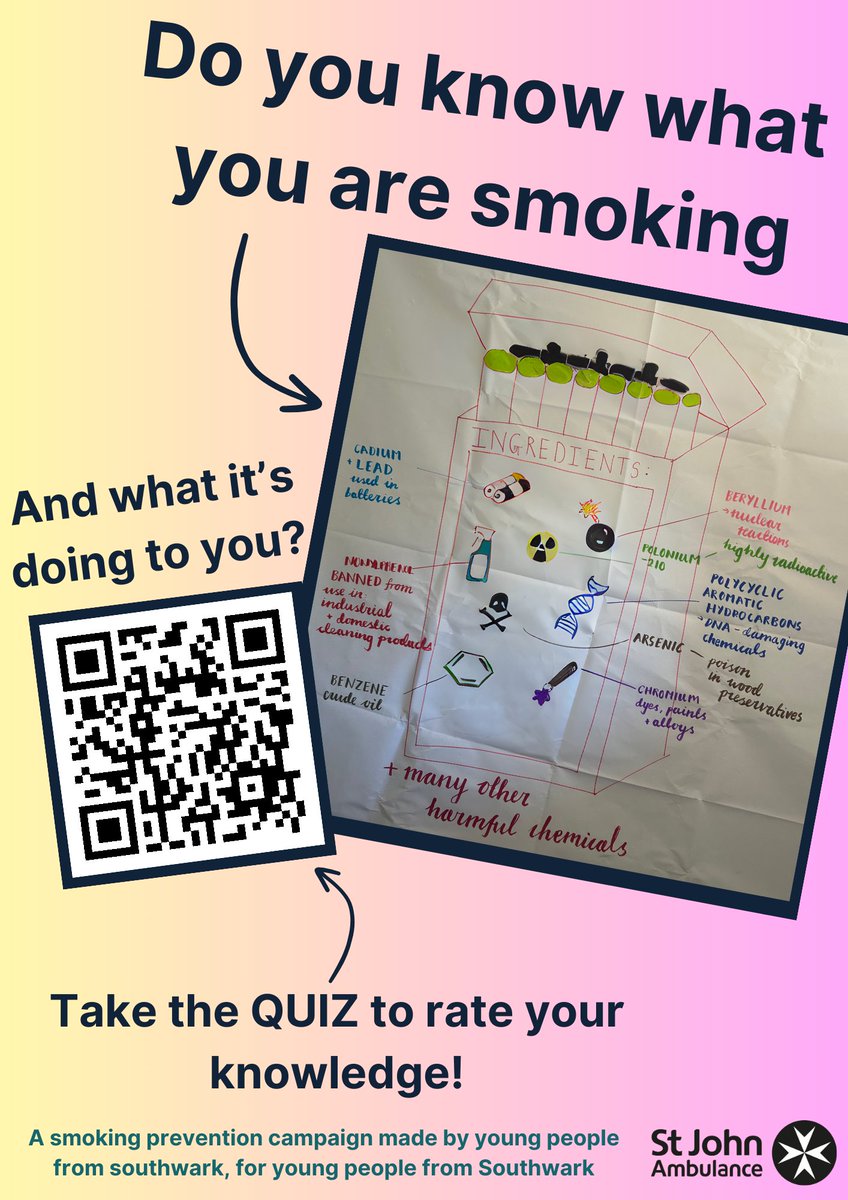 Check out this poster produced by young people and take the quiz to help thwm know more about whats in a cigarette and how it impacts the body! They aim to reach 150 young people in Southwark…Lets help them get there: take the quiz and share! @stjohnambulance