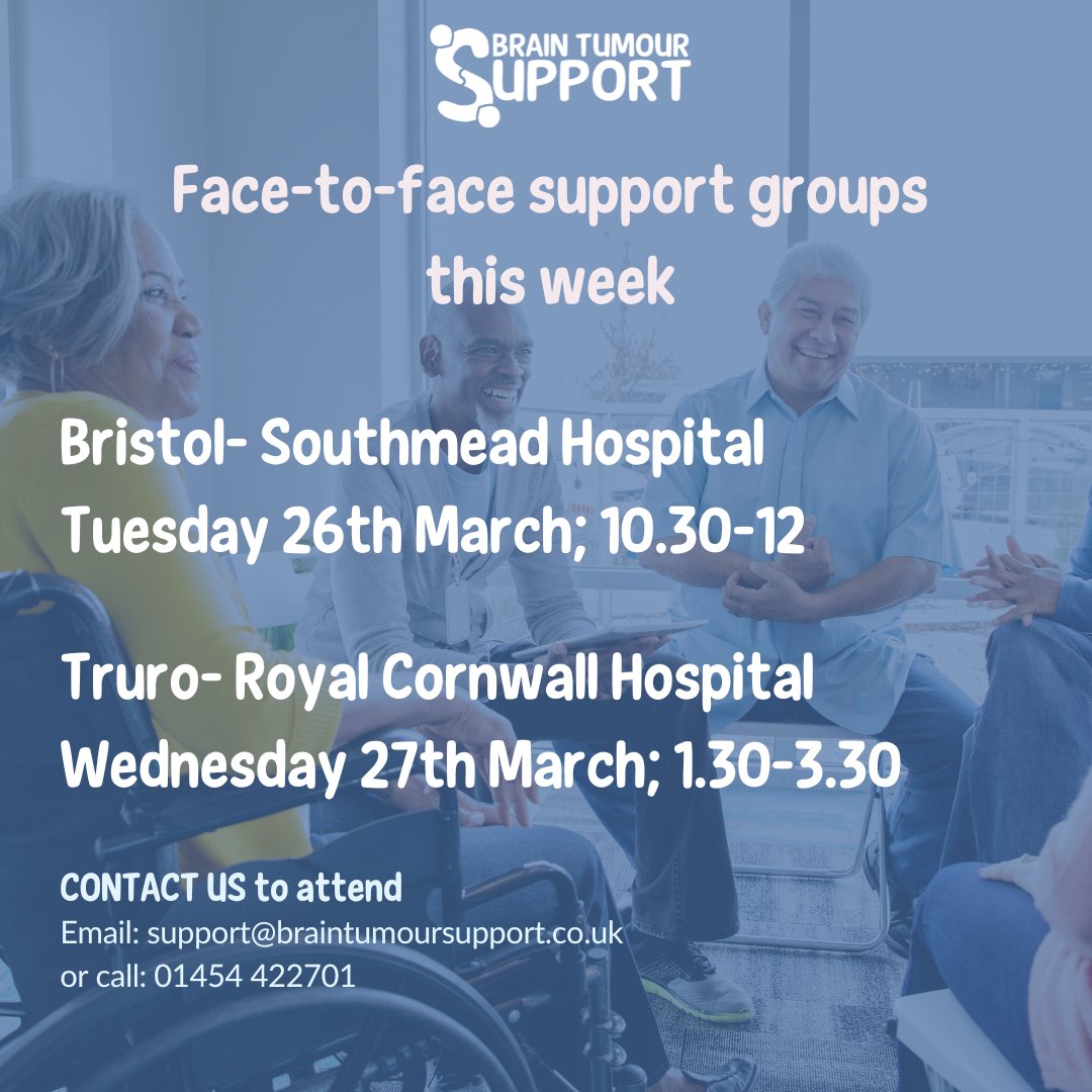 We have #braintumour support groups in Bristol And Cornwall this week and we are looking forward to seeing you. Sitting with a coffee and chatting to others who understand, can have a huge impact on how you feel. Call 01454 422701 or email support@braintumoursupport.co.uk