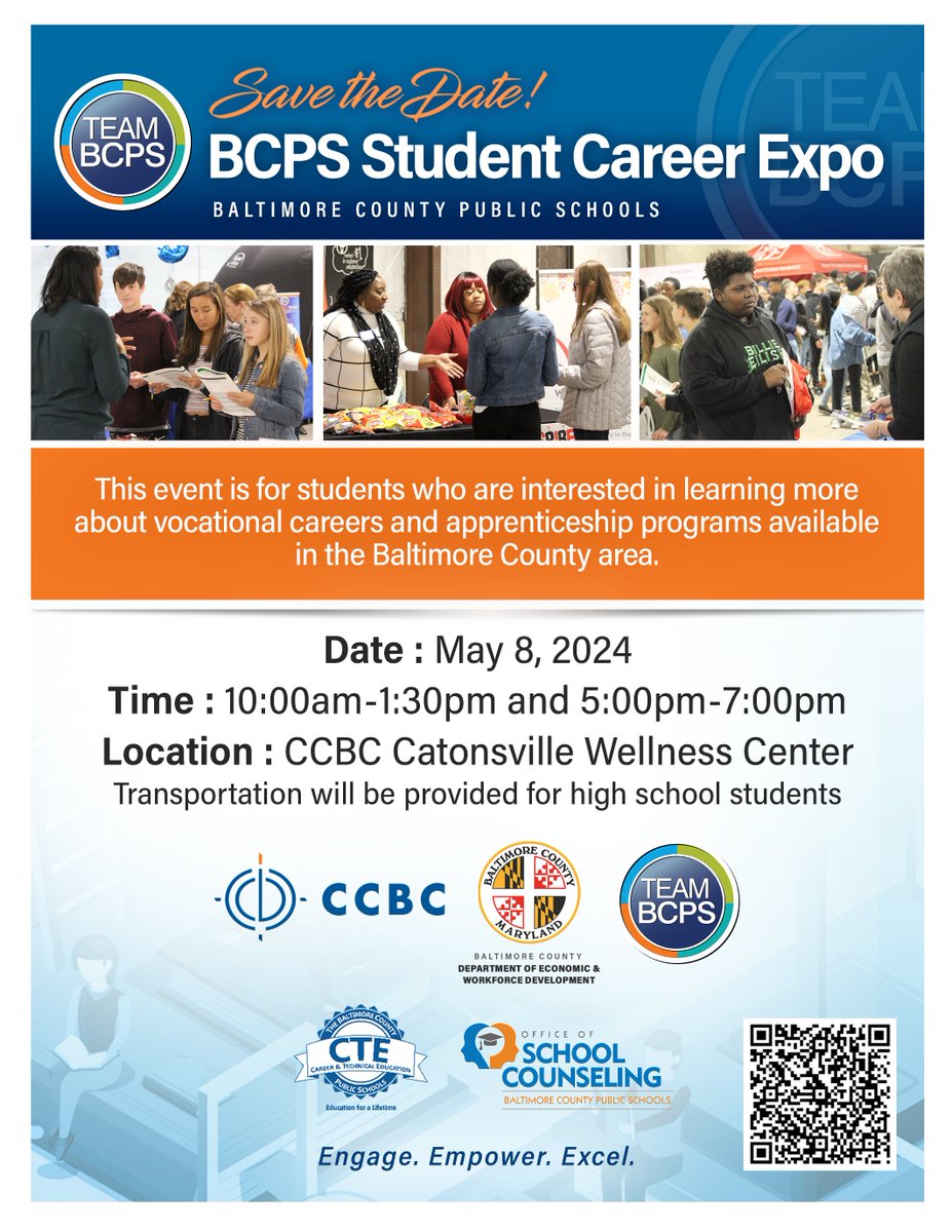 📣 #TeamBCPS high school students are invited to attend the BCPS Student Career Expo on Wednesday, May 8! Please register online at forms.office.com/Pages/Response….