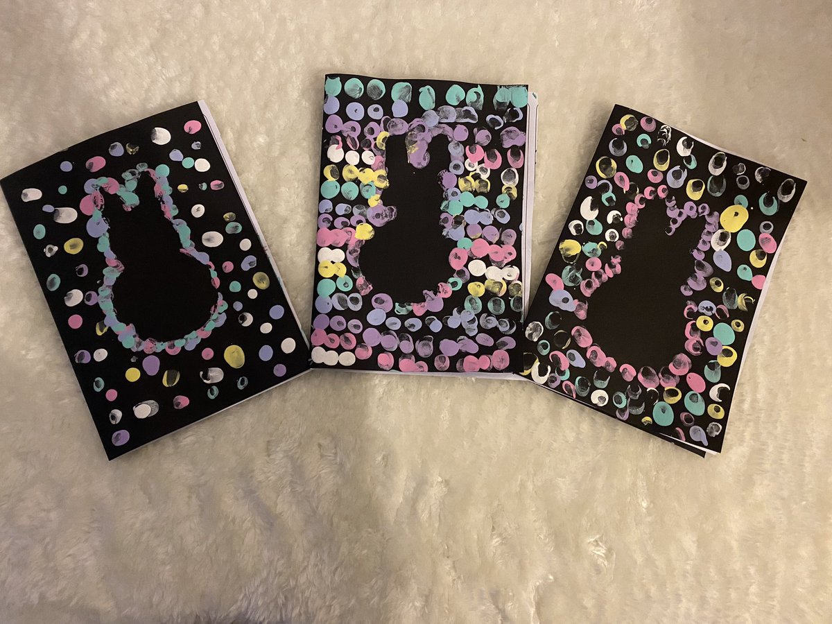 🐰 Easter cards 🐰 How cute are these Easter cards that the children created last week. They used a bunny shaped stencil (which I had cut out from card) and simply finger printed dots across the cards in any pattern of their choice. Here are some of the finished masterpieces!