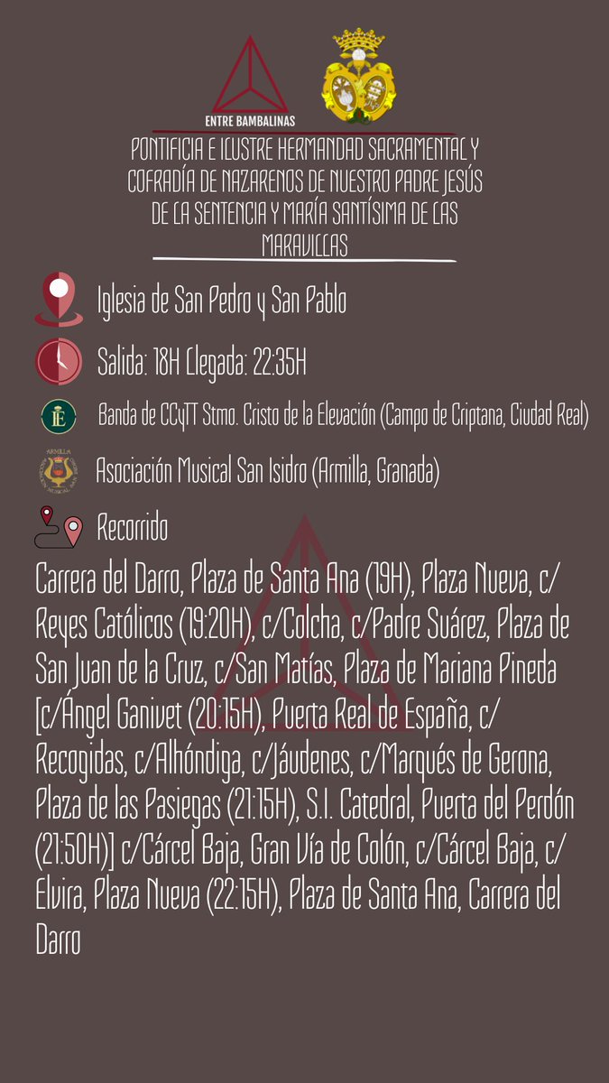 _EBambalinas's tweet photo. 𝗛𝗢𝗥𝗔𝗥𝗜𝗢 𝗘 𝗜𝗧𝗜𝗡𝗘𝗥𝗔𝗥𝗜𝗢 - @SentenciaGR

¡¡Feliz y fructífera Estación de Penitencia!!

#SyM_EB #SSantaGr24 https://t.co/z35Z3QIZTk