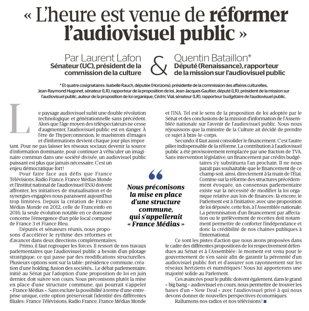 Réforme de l’audiovisuel public : l’heure est venue, dans #LaTribuneDimanche Avec une majorité solide au Parlement, nous nous engageons aux côtés de @datirachida 🎙️📺 Une nouvelle ambition pour @FranceTV @radiofrance @France_MM @Inafr_officiel 🌍 @ARTEfr et @TV5MONDE confortés