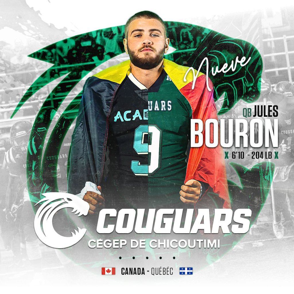 Jules Bouron (@jules_qb9) on Twitter photo I’m very happy to announce my commitment to the <a href="/couguars/">Couguars Cégep de Chicoutimi</a> ( <a href="/CoachMaxPoulin/">Poulin Maxime</a> ) I’m very happy to announce my commitment to the <a href="/couguars/">Couguars Cégep de Chicoutimi</a> ( <a href="/CoachMaxPoulin/">Poulin Maxime</a> )
