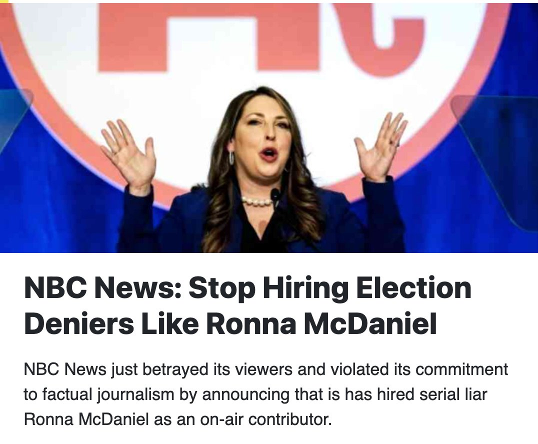 We have removed all NBC/MSNBC viewing until this MISTAKE is remedied‼️
THIS 👇 person is a LYING ELECTION DENIER who is bringing the NBC family DOWN with her presence!
She should NEVER even be interviewed!
Giving these CRAZIES a soapbox is intolerable‼️
#BoycottNBC  #BoycottMSNBC