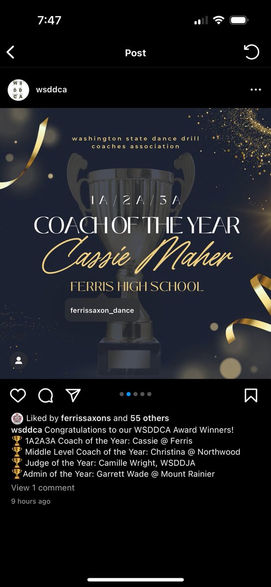 Congrats to Coach Cassie! 🙌🏻🙌🏻 Coach of the Year! 🏆 Thanks for all you do, Coach! Saxon Dance/Drill looked great at State this weekend! #SPSPromise #HSDrill #EveryKidEveryDay ❤️🩶