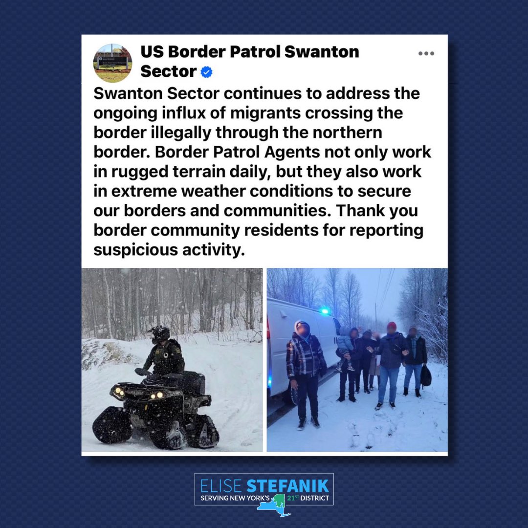 The #BidenBorderCrisis has led to unprecedented illegal crossings on BOTH the Northern and Southern Borders.  Thank you to our Border Patrol Agents including those defending the Swanton Sector in #NY21 for enduring incredible hardships to keep our communities safe despite a lack…