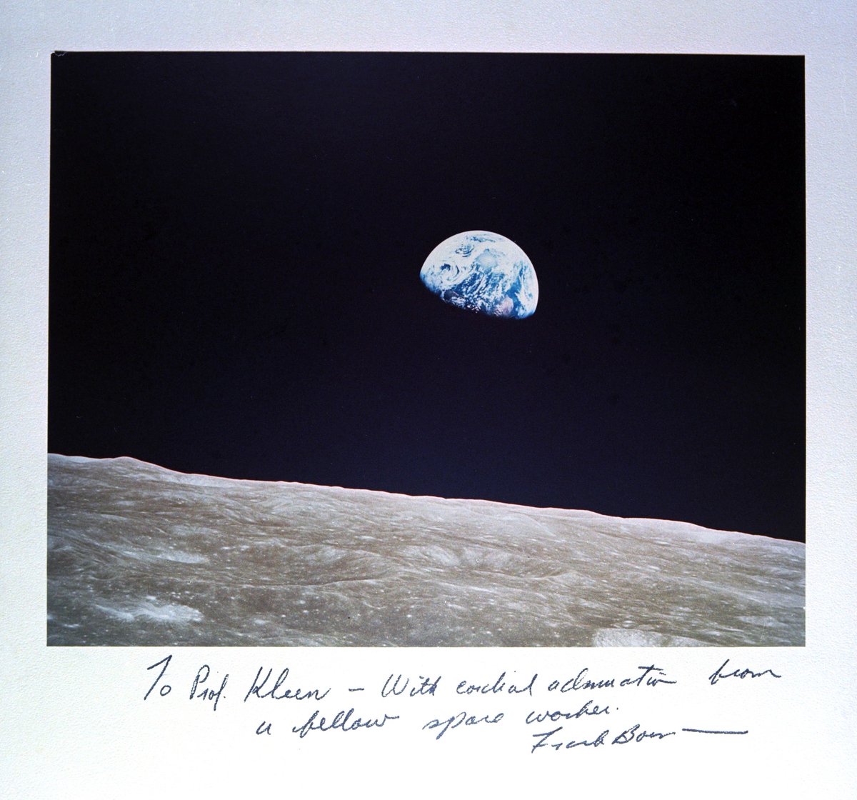 📷 Taken and filed this week in March 1969, a photo of a photo of Earthrise from the Moon, mounted on card and inscribed by NASA astronaut Frank Borman, presented to Prof. Werner Kleen, ESRO Director of ESTEC, during Borman's visit to the Netherlands in February 1969. Inscription