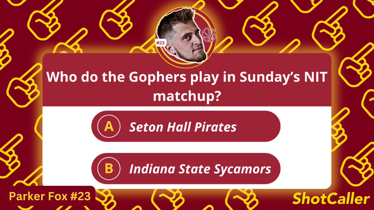 Gophers play WHO TODAY in the NIT?! 〽️🏀  

'Click-2-Play' ShotCaller Hoops Trivia, answer &amp; support <a href="/Parkerfox24/">Parker Fox</a> 🎮👇🏾
playshotcaller.app.link/parker.fox

Receive a special Parker Fox digital reward for playing along ! 🦊🎁😍  

#ParkerFox #Gophers #SkiUMah #IronSharpensIron #playShotCaller