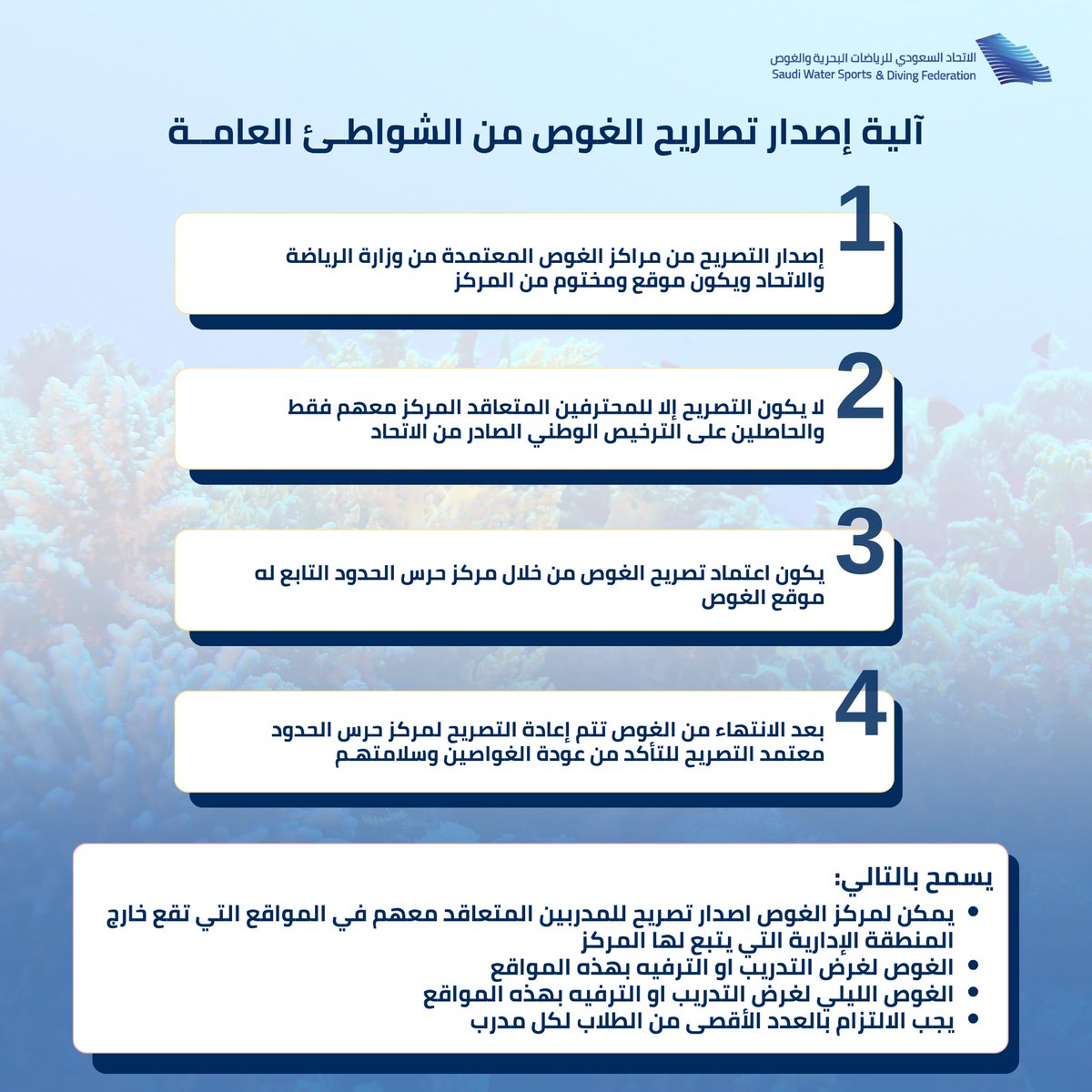 يعلن الاتحاد السعودي للرياضات البحرية والغوص عن آلية إصدار تصاريح الغوص المؤقتة من الشواطئ العامة 🪪🤿🌊

<a href="/mosgovsa/">وزارة الرياضة</a> 
<a href="/SaudiWSA/">رابطة الرياضات المائية | Saudi Water Sports</a> 
@saudiolympic 

#swsdf 
#swsdfksa