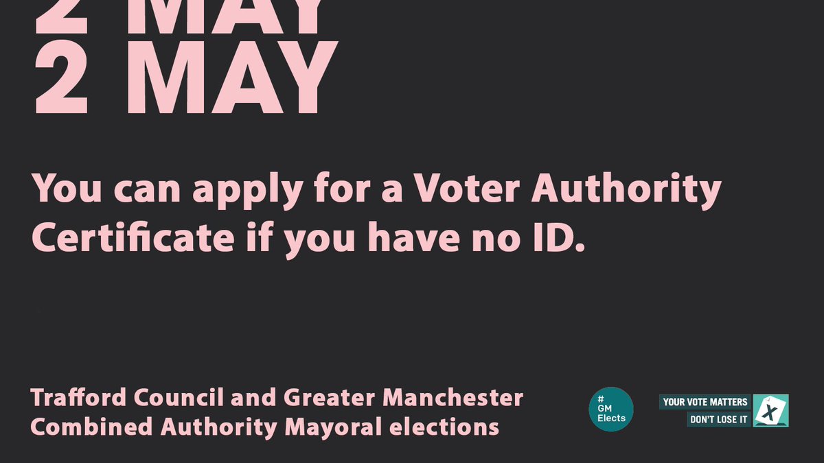 No ID? No problem! You can vote in the Trafford Council elections on Thursday 2 May by applying for a voter authority certificate. Visit gov.uk/apply-for-phot…