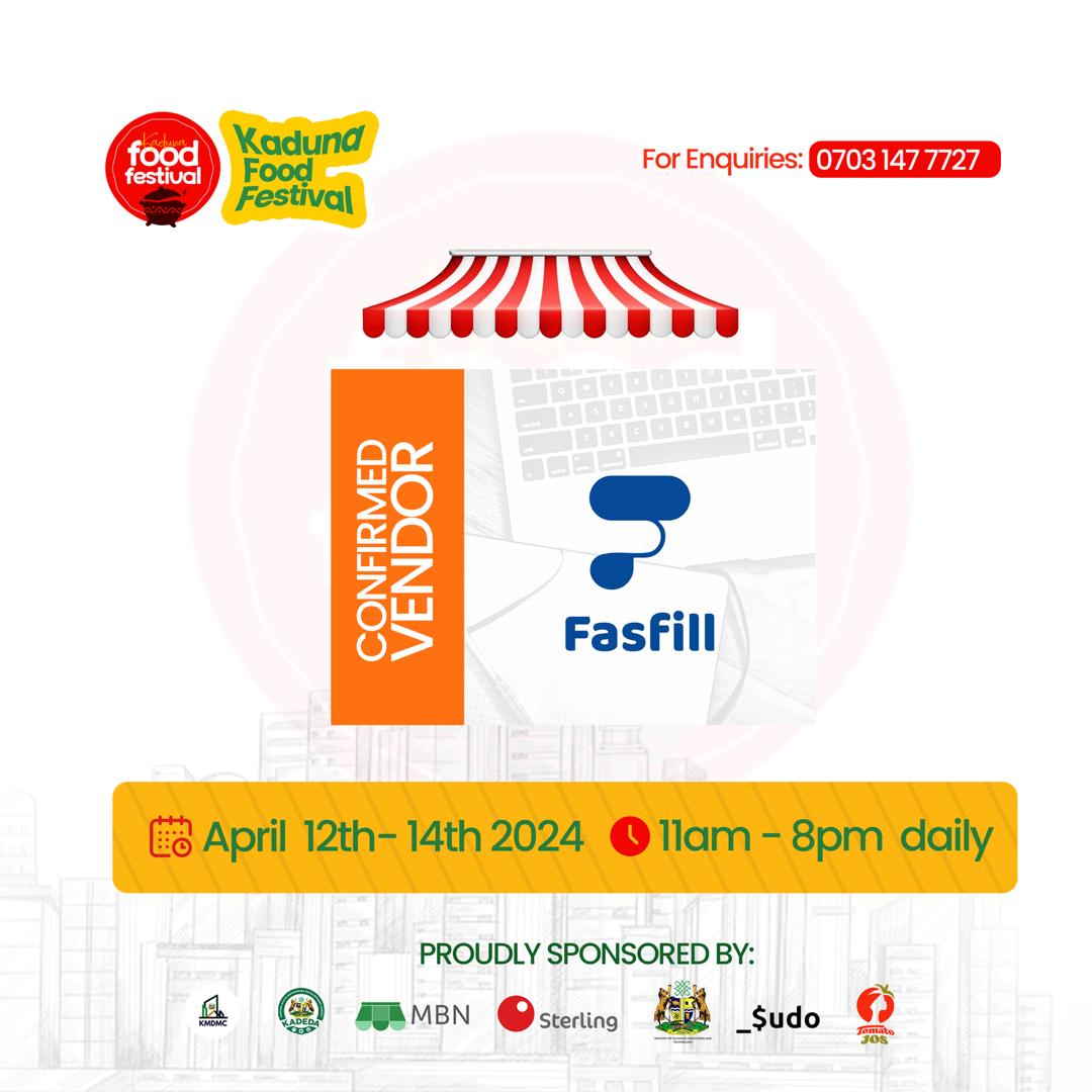 🎉 Exciting News! 🎉
Join us @ the Kaduna Food Festival from April 12th to 14th, 2024! We're happy to announce that FASFILL will be serving up delicious services from 11am to 8pm each day! Don't miss out on the festivities - come and indulge with us!
#FASFILL #KadunaFoodFestival