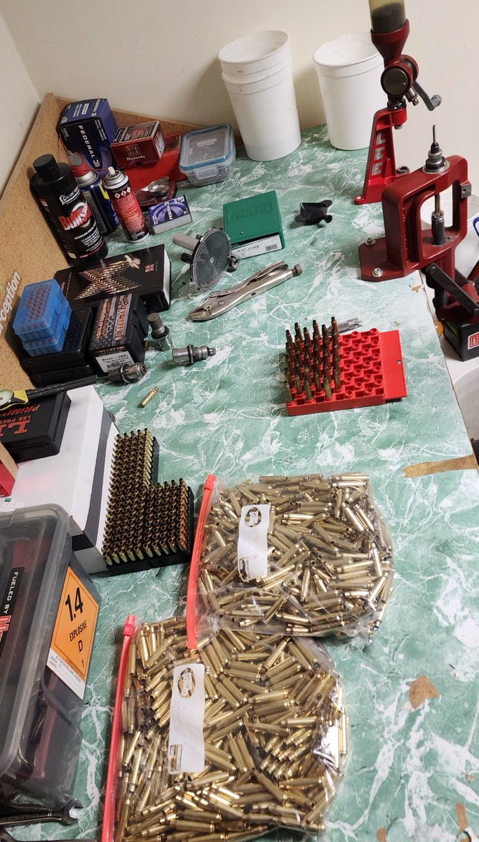 I knew this ugly table would come in handy someday! Reload reload reload!! We're getting pounded with snow so we've spent our time wisely lolol. Did over 1,000 rounds til midnight, then another 2,000 coming today 🇺🇸🦅
