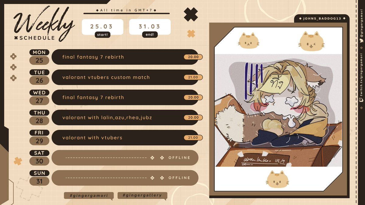 gingergamori's tweet photo. ✦Weekly schedule March 25 - 31✦
General: #gingergamori
Live: #gingergameri
Clip: #gingerGG
Art: #gingergallery
Food: #gingeroffering
Book: #gingeread
Fan name : me-o me-o https://t.co/0U5sth4ctl