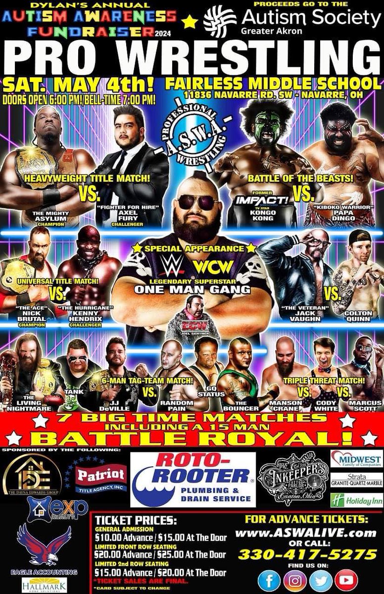 Joe Hershberger (@scorpiojoe78) on Twitter photo Autism Awareness Fundraiser Event with <a href="/ASWAslam/">ASWA</a> 💪🏼Featuring <a href="/vetjackvaughn/">“The Veteran” Jack Vaughn</a> <a href="/RealKongoKong/">Kongo Kong</a> Wrestling Legend One Man Gang, ECWs <a href="/StudMuffinSays/">Joel Gertner</a> , and all the stars of ASWA ! Get your tickets today and enjoy a night of fun for a GREAT cause! Proceeds will go to <a href="/ASGreaterAkron/">Autism Society of Greater Akron</a> Autism Awareness Fundraiser Event with <a href="/ASWAslam/">ASWA</a> 💪🏼Featuring <a href="/vetjackvaughn/">“The Veteran” Jack Vaughn</a> <a href="/RealKongoKong/">Kongo Kong</a> Wrestling Legend One Man Gang, ECWs <a href="/StudMuffinSays/">Joel Gertner</a> , and all the stars of ASWA ! Get your tickets today and enjoy a night of fun for a GREAT cause! Proceeds will go to <a href="/ASGreaterAkron/">Autism Society of Greater Akron</a>