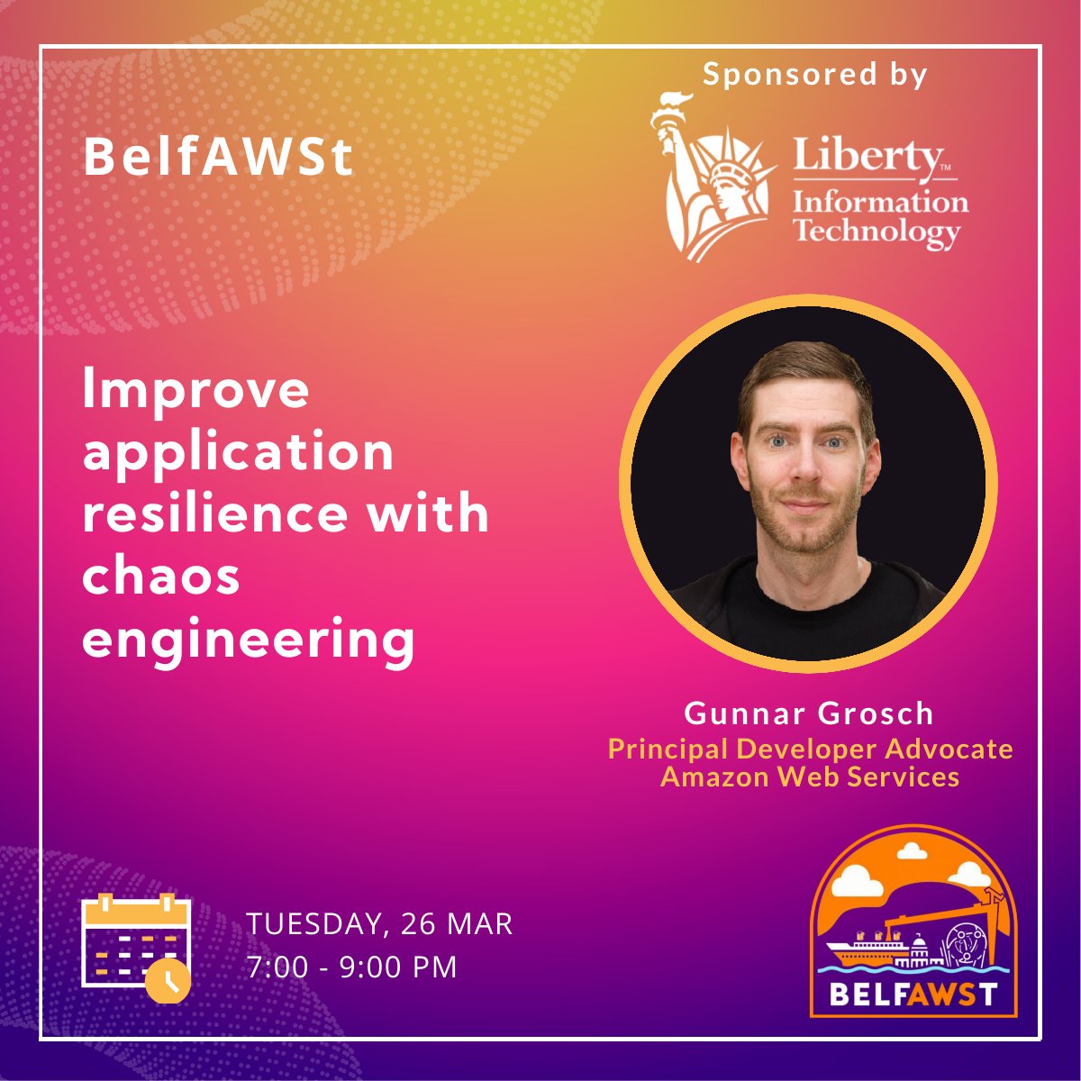 Are you interested in building resilient applications on @awscloud? If so, join us Tuesday night for another amazing @BelfAWSt_UG meetup. We'll be joined by @GunnarGrosch, who will walk us through the process of using chaos engineering ☁️ Sign up here - meetup.com/belfawst-meetu…