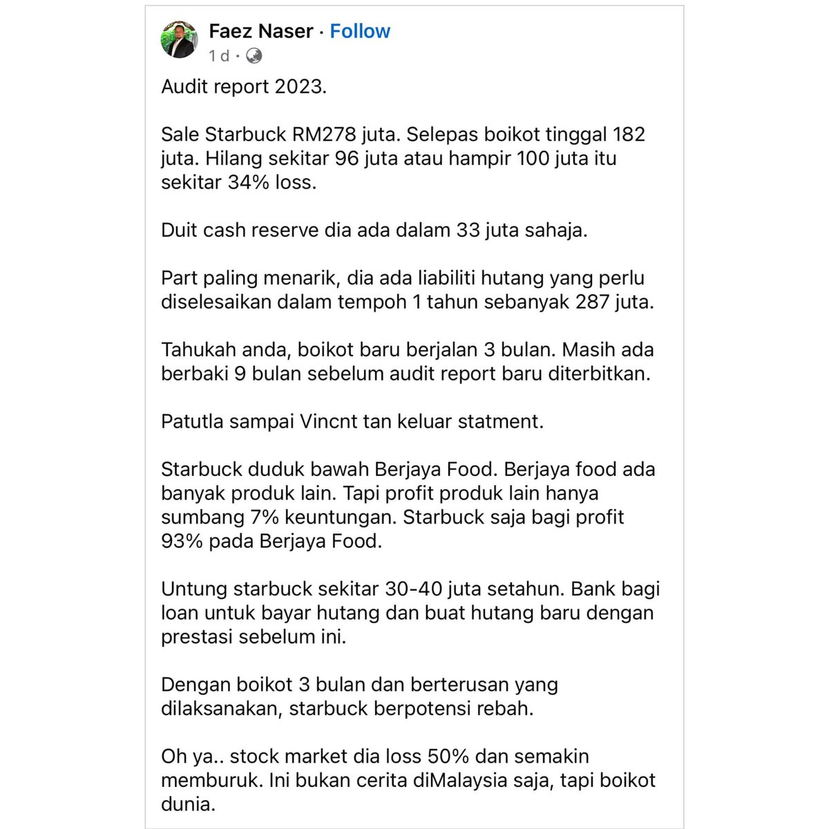 TweetIslamik's tweet photo. Audit report 2023.

Sale Starbuck RM278 juta. Selepas boikot tinggal 182 juta. Hilang sekitar 96 juta atau hampir 100 juta itu sekitar 34% loss. 

Duit cash reserve dia ada dalam 33 juta sahaja. 

Part paling menarik, dia ada liabiliti hutang yang perlu diselesaikan https://t.co/kwRNhlqPOJ
