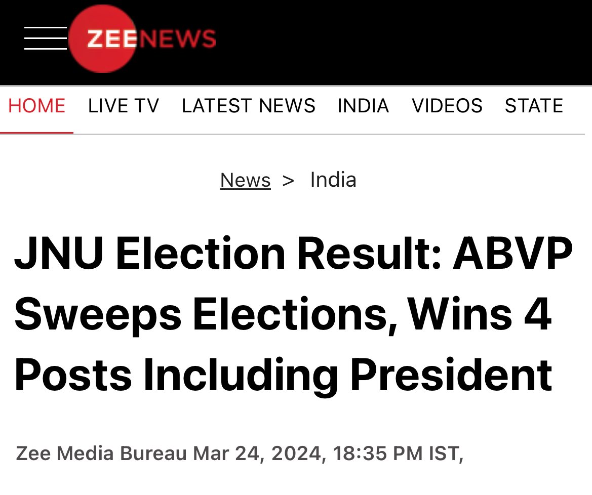 Condolences to Zee news who tried to manifest a win for their masters. 

#JNUSUElection2024