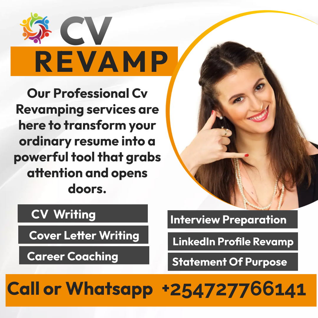 Get the green light from recruiters with a revamped CV and optimized LinkedIn profile. Quick, professional service - 24hrs. Call or WhatsApp +254727766141. 

DJ Joe Mfalme Money ISIS Al Shabaab Aoko AI-generated Babu Owino Raila Linda Mama Kalenjins Russia Palm Sunday KPLC Stima