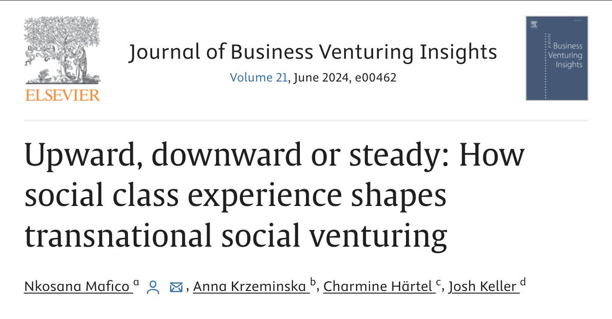 📢 New #openaccess article Authors N. Mafico (@EdinburghUni), A. Krzeminska (@Macquarie_Uni), C. Härtel (@MonashUni) & J. Keller (@UNSW) unpack how cross-border #SocialClass experiences can help transnational #SocialEntrepreneurs attain benefits. 🔗: sciencedirect.com/science/articl…