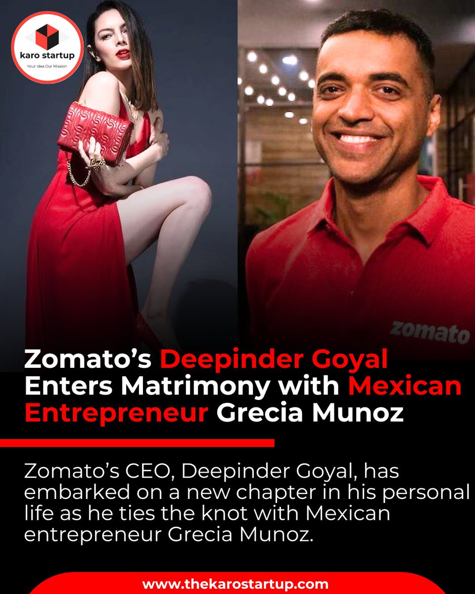 karo_startup's tweet photo. Zomato’s Deepinder Goyal Enters Matrimony with Mexican Entrepreneur Grecia Munoz
#zomato #deepinder
@zomato @deepigoyal
To read the full article please follow the link👇
https://t.co/aolXuGC7mm
For more updates follow @karo_startup https://t.co/XWmH7yV2QR