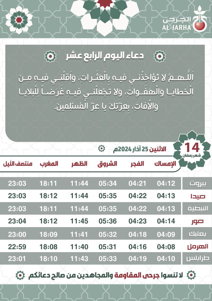 🛑 للاستفادة. -امساكية اليوم الرّابع عشر من شهر رمضان المبارك - لا تنسوا جرحى المقاومة والمجاهدين من صالح دعائكم.🙏