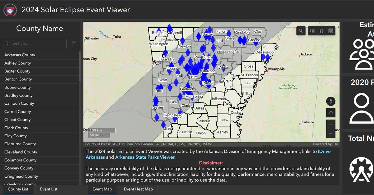 NWSLittleRock's tweet photo. Our friends at The Arkansas Division of Emergency Management (ADEM) has unveiled a unique, interactive, web portal for information about the 2024 Great American Eclipse.

Learn more about it here: https://t.co/vfWU09YlK2

Access the portal here: https://t.co/qcA586WBRC

#arwx https://t.co/HNjSa7lTNV