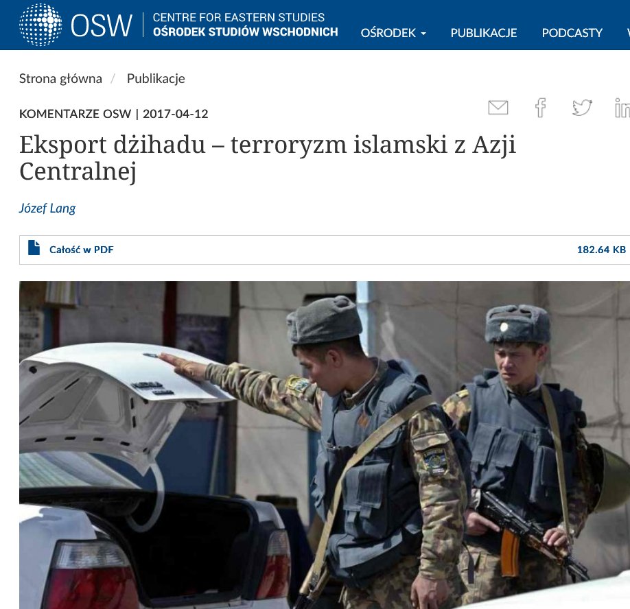 W_Kononczuk's tweet image. Zamach pod Moskwą, dokonany przez Tadżyków, potwierdza potencjał radykalnych środowisk islamskich  z Azji Centralnej. Radykałowie z regionu od dawna zaangażowani są w terroryzm na całym świecie.

@OSW_pl od lat analizuje radykalizm islamski z Azji Centralnej. Polecam 3 raporty👇