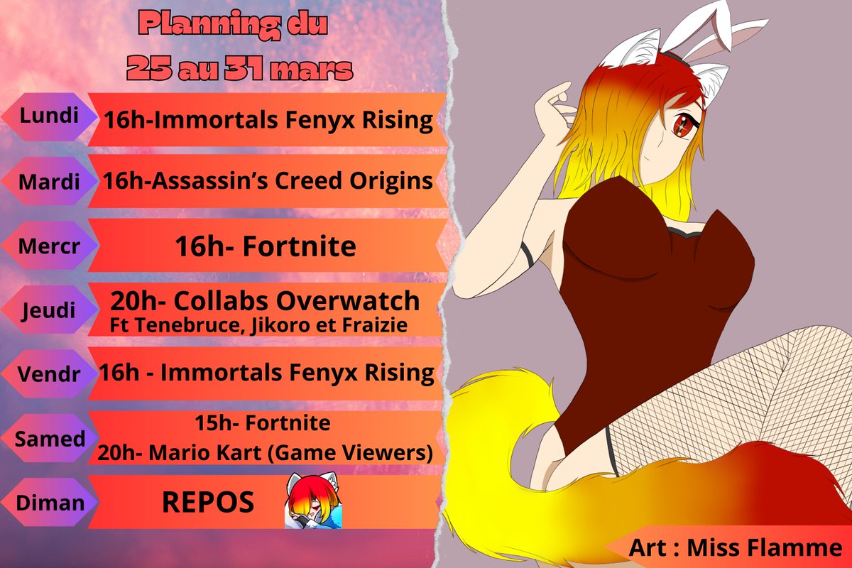MissFlamme11's tweet photo. Planning live de cette semaine ! 

 #vtuber #vtuberfr #streramer #streaming https://t.co/M4kkCO1Bzn