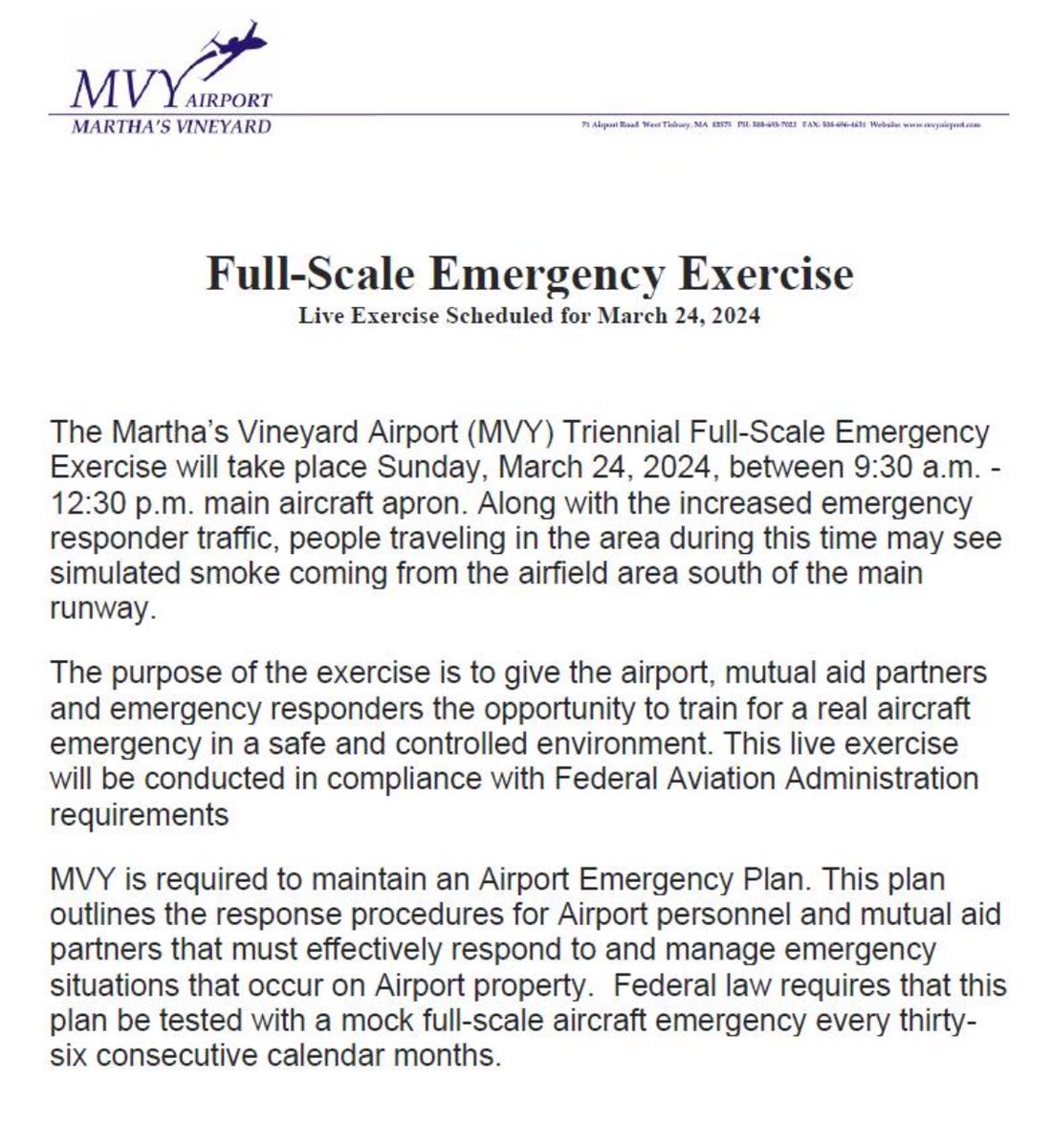 DukesCountyEM's tweet photo. ๐จALERT: Full Scale Exercise at #MarthasVineyard Airport ๐ซ
๐
March 24, 2024
๐ค 9:30AM-12:30PM
๐Main Aircraft Apron, #MVY
Expect increased emergency activity & simulated smoke during this important #training for enhanced emergency preparedness & response. #SafetyFirst #ThisIsEM https://t.co/Ujr5TEicTb