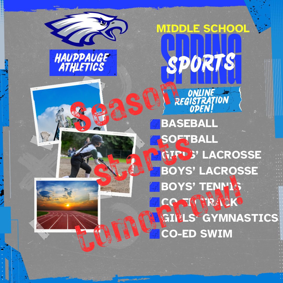 Kevin.Trentowski (@kevintrentowsk1) on Twitter photo Attention middle school <a href="/HPS_Eagles/">Hauppauge Schools</a>! Spring sports start tomorrow for 7th & 8th graders! See HMS for details for online registration. Attention middle school <a href="/HPS_Eagles/">Hauppauge Schools</a>! Spring sports start tomorrow for 7th & 8th graders! See HMS for details for online registration.
