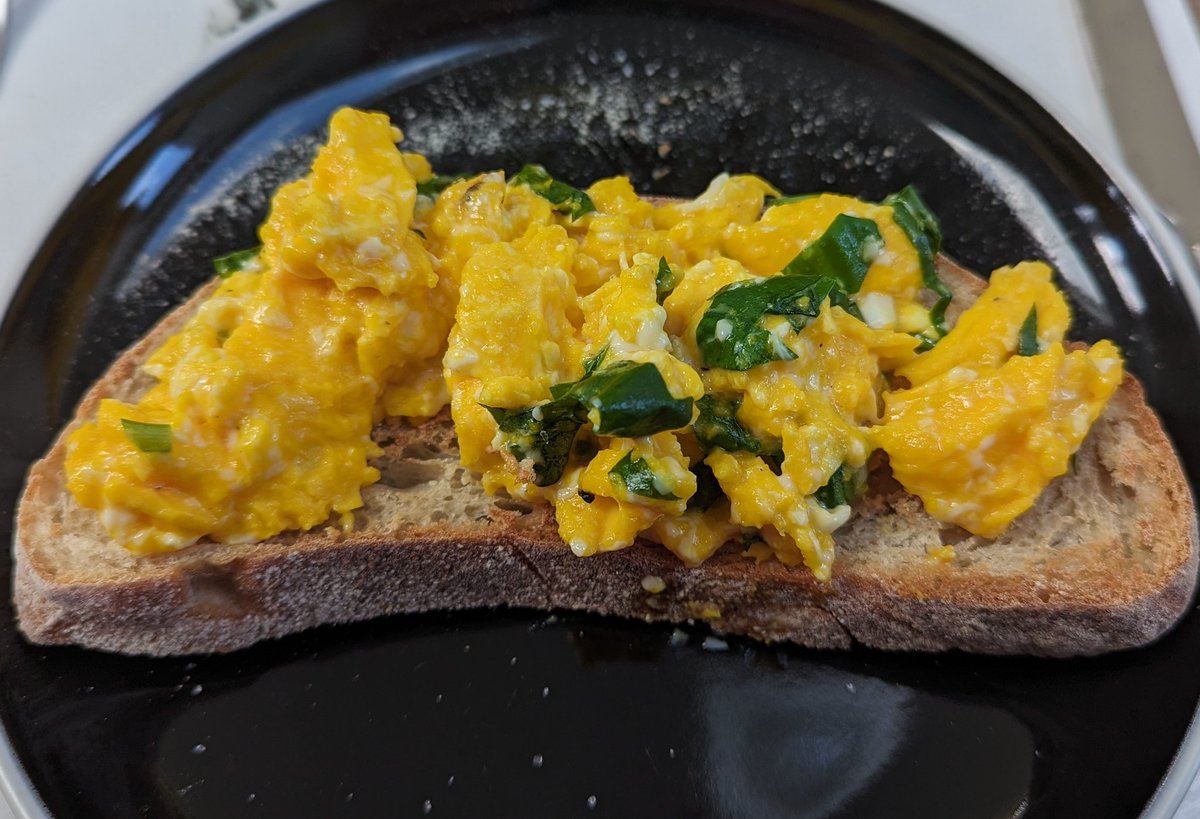 The ultimate taste of spring. Wild Garlic scrambled eggs on toast with the Wild Garlic picked from our orchard and the eggs laid by our hens this morning. #Spring #Foraging #GrowYourOwn #WildFood