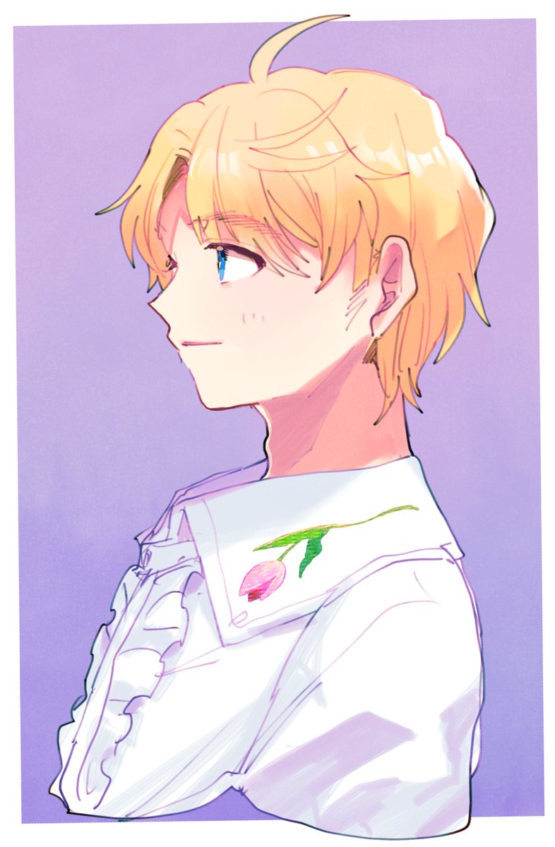 solo smile short hair blue eyes shirt blonde hair 1boy  illustration images