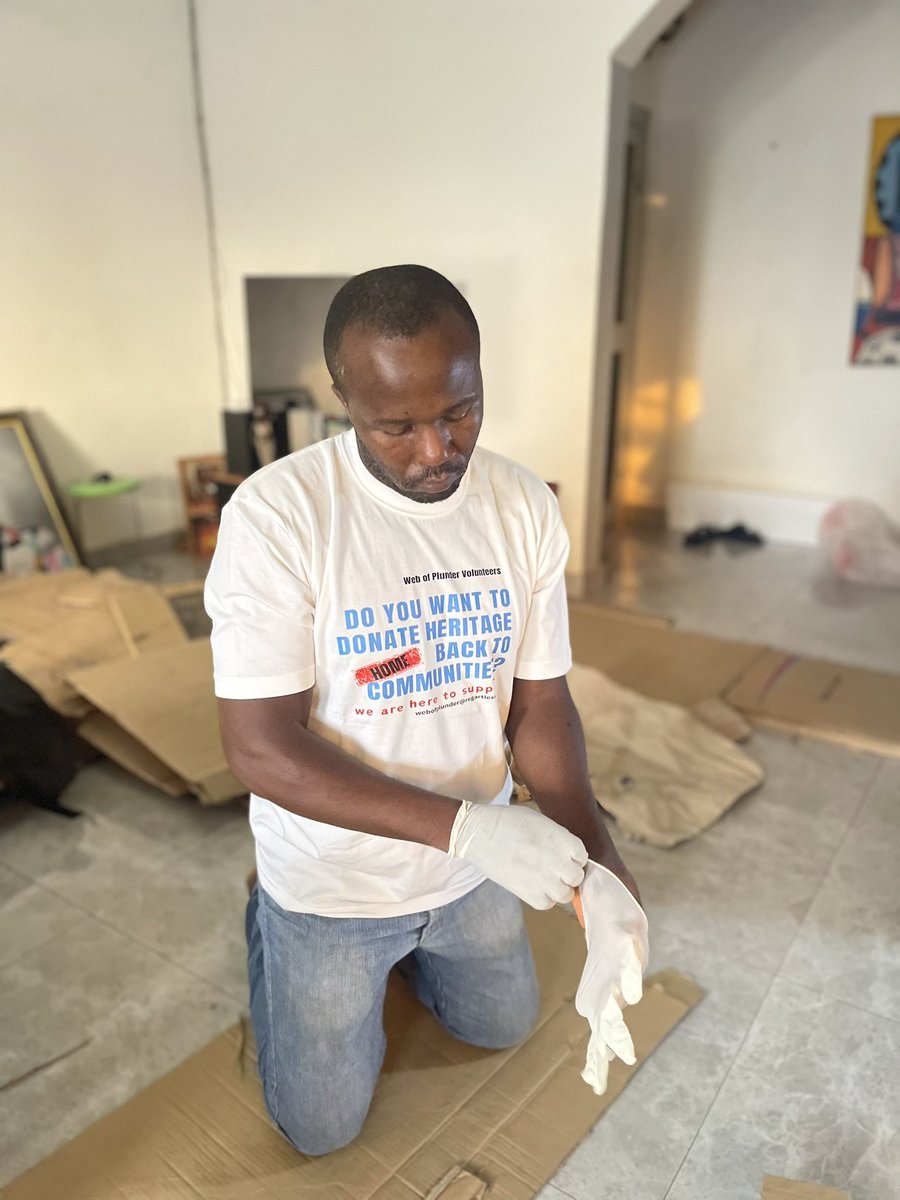 Our #WebofPlunder volunteers are spending their whole weekend caring and repackaging the eight heritages acquired to return to the Bangwa people. We do not have any technical skills, nor the resources to even acquire a a storage facility but one thing we all have in common is